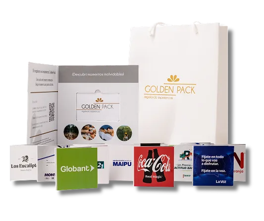 Pack físico Golden Pack con bolsa, sobre y tarjetas con marcas de empresas
